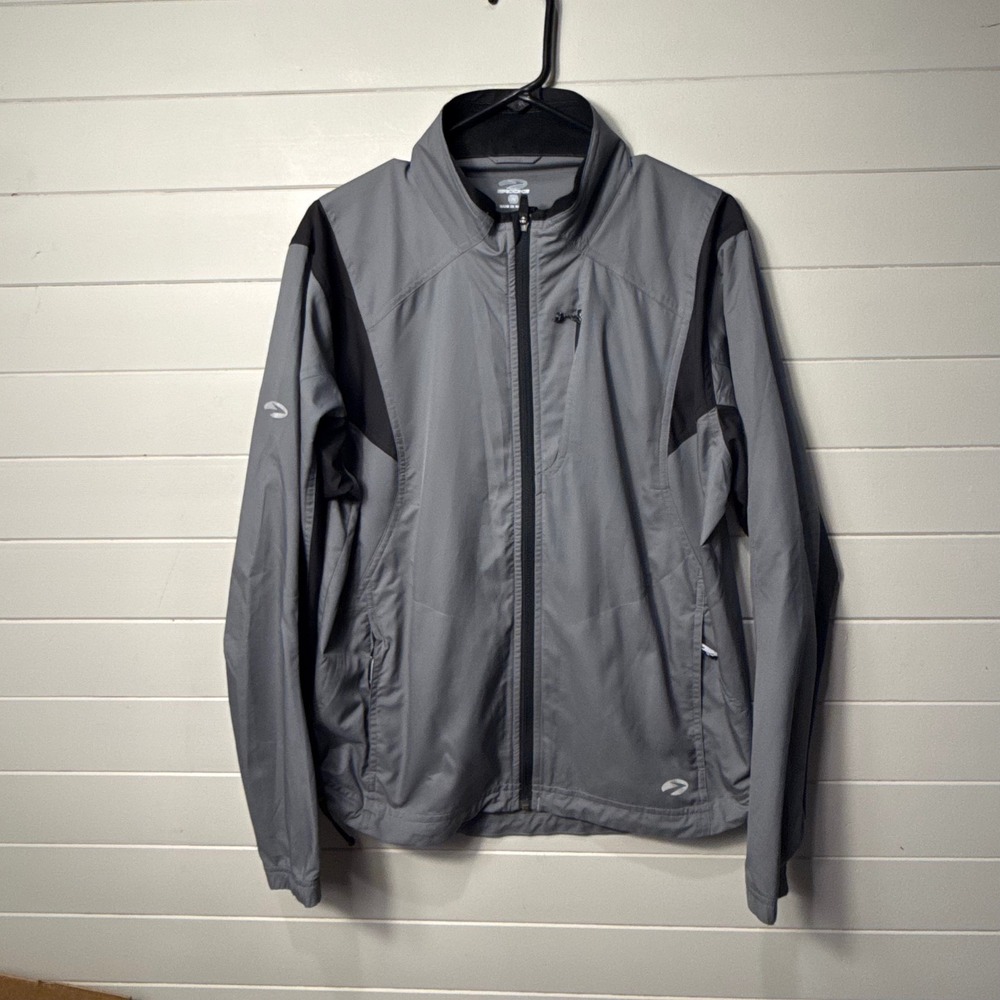 Brooks Running Jacket M Gray Black Full Zip Windbreaker Reflective Lightweight